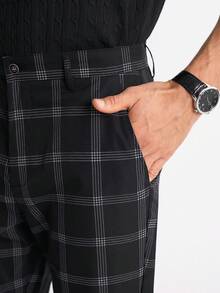 RONVEXI Men Plaid Print Slant Pocket Suit Pants For Ceremony Formal - Black - View 3