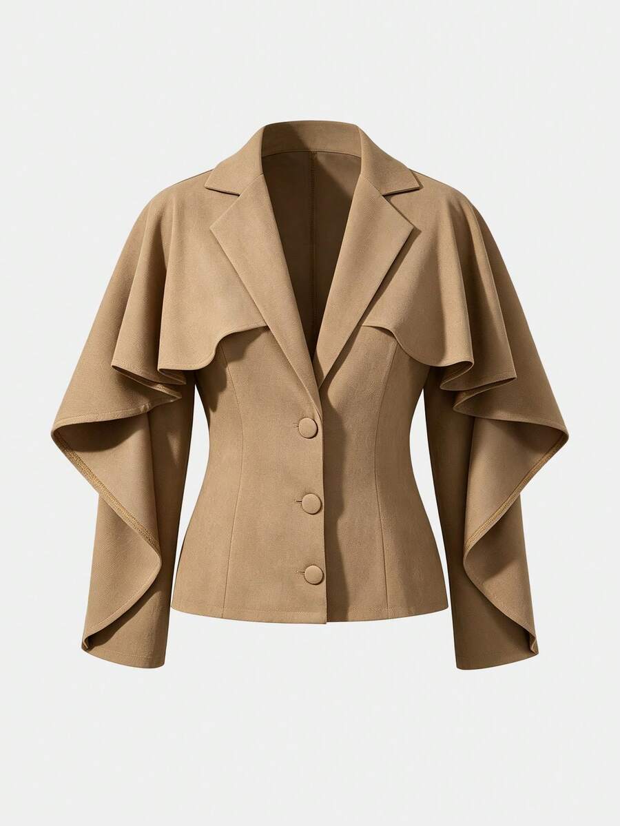 Sweetra Napoleon Plus Size Elegant Commuter Solid Color Ruffle Trim Jacket Fall - Khaki - View 1