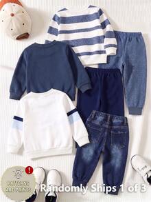 SHEIN 1 Random Set, Casual Logo Blue Striped Contrast Element Print Crew Neck Long Sleeve Sweatshirt, Suitable For Autumn/Winter Outdoor Activities - Multicolor - View 2