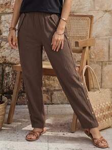 EMERY ROSE Women's Solid Color Buttoned Casual Straight Pants With Pockets - Coffee Brown - View 3