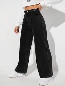 Jeanoix Plus Size Women's Button Casual Versatile Daily Wear Jeans - Black - View 3