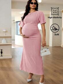 MaterniWear 孕婦夏季優雅純色洋裝 - 粉色 - 查看 2