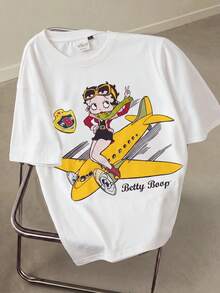 Betty Boop x SHEIN Men's Letter & Airplane Print Short Sleeve Casual T-Shirt - Apricot - View 1