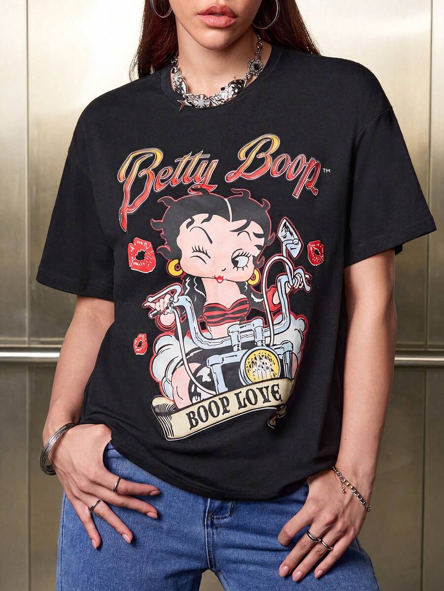 Betty Boop x SHEIN 女士卡通肖像与字母印花圆领短袖 T 恤 - 黑色 - 查看 1