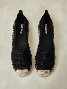 Styleloop Ladies Black Summer Handmade Embroidered Thread Floral Hollow Hemp Rope Espadrilles Flats, Bohemian Style, Casual Vacation, Comfortable Commuter Fall Shoes - Black - View 5