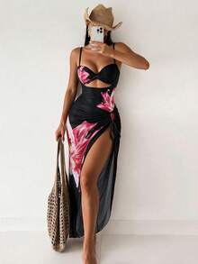 SHEIN Swim Pink Floral Print 2-Piece Set Gradient Rope Tie Short Top And Side Tie Skirt Beach Vacation Outfit, Beach Skirt Bikini Set, Beach Holiday Festival - Black - View 2