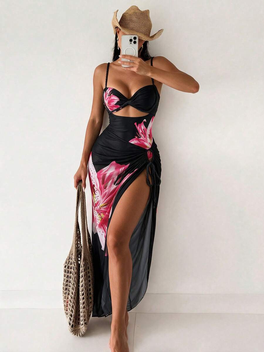 SHEIN Swim Pink Floral Print 2-Piece Set Gradient Rope Tie Short Top And Side Tie Skirt Beach Vacation Outfit, Beach Skirt Bikini Set, Beach Holiday Festival
