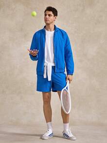 Men's Casual Sports Zip-Up Jacket & Shorts Set, Gym, Tennis, Fall - Blue - View 3