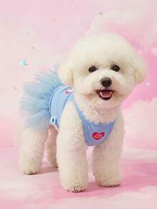 Care Bears X PETSIN 1件可愛印花愛心熊圖案藍色吊帶裙，春夏薄款公主風，適合貓狗穿著，適合室內茶會或戶外隨意散步 - 藍色 - 查看 3