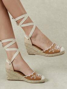 Styleloop Ladies, Rubber Band Cross Strap, Straw Rope, Sandals, High Heels. - Brown - View 4