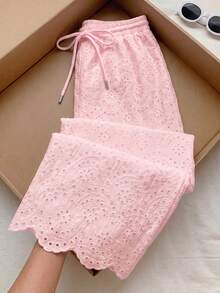 Comfortcana Plus Size Spring/Summer Embroidered White Loose Pants - Baby Pink - View 5
