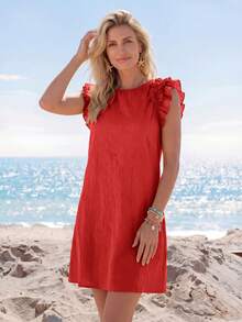 Sylviya Vestido mini festivo con diseño tejido de unicolor y ribete de volantes decorados para mujeres - Rojo - Ver 3