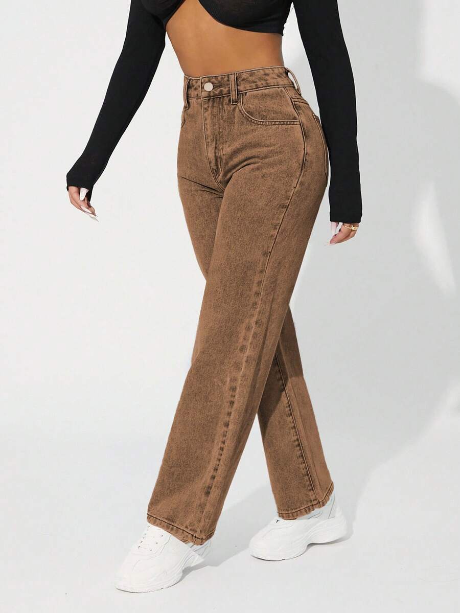SHEIN PETITE 女款休閒百搭日常穿著牛仔長褲,附口袋與鈕扣設計 - 咖啡棕 - 查看 1