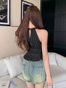 K-Vae 女款純色百褶休閒百搭日常穿搭掛脖上衣 - 黑色 - 查看 2