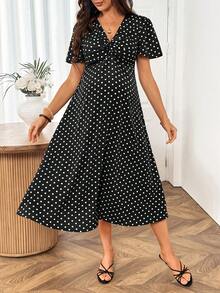SHEIN 孕婦波點V領短袖優雅洋裝 - 黑色 - 查看 4