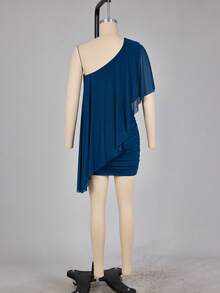Aloruh Women's Solid Color One Shoulder Casual Party Mini Dress - Teal Blue - View 10