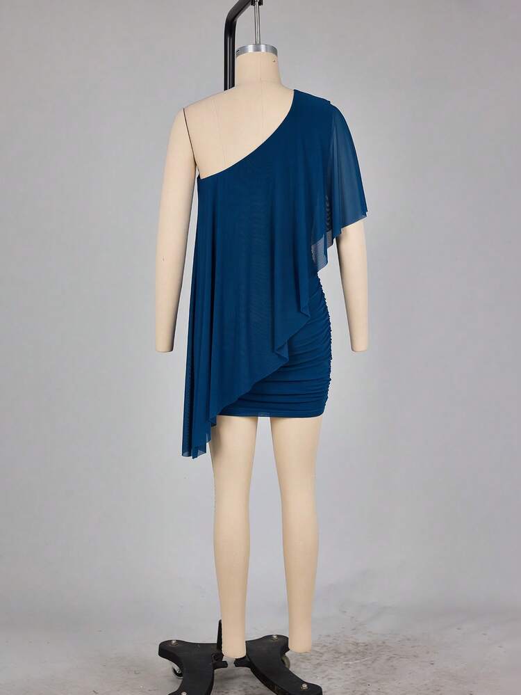 Aloruh Women's Solid Color One Shoulder Casual Party Mini Dress - Teal Blue - View 10