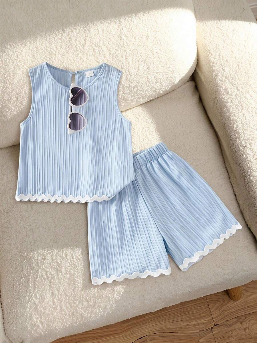 SHEIN Genkimix Kids Tween Girl Vest Set, Back To School, Fall - Blue - View 1