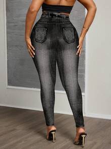SHEIN CURVE+ Plus Size Denim Effect Leggings Music Festivals Office Business Black Ripped, Fall Winter 2026 22W - Multicolor - View 4