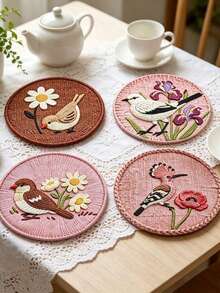 Haus Hana 4PCS/8PCS Anti-Scald Round Dining Pad, Wear-Resistant Imitation Woven Printed Fabric, Vintage Floral Bird Pattern Anti-Slip Isolation Coaster For Indoor Tea Table Kitchen Layout, Gift For Home Aesthetic Arrangement Enthusiasts Festival Gift - Multicolor - View 8