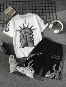 Coolqubz 青少年男童休闲简约短袖圆领T恤+长裤套装，夏季自由女神像主题T恤，Y2K风格印花T恤，街头时尚T恤，青少年男童服装，自由女神像印花T恤，印花衬衫，街头风T恤，自由宣言上衣 - 彩色 - 查看 1