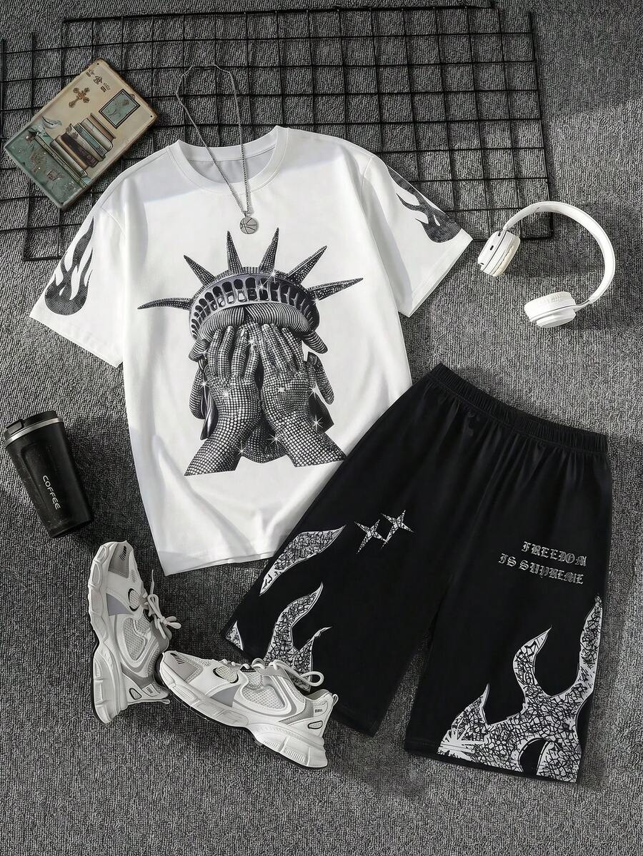 Coolqubz 青少年男童休闲简约短袖圆领T恤+长裤套装,夏季自由女神像主题T恤,Y2K风格印花T恤,街头时尚T恤,青少年男童服装,自由女神像印花T恤,印花衬衫,街头风T恤,自由宣言上衣 - 彩色 - 查看 1