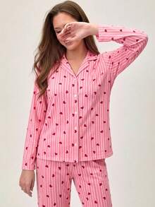 SHEIN Women 2 Pcs Pink Button Front With Striped&Heart Pattern Homewear Cute Pajama Set - Pink - View 6