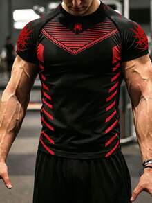GymBeat 男士對比色印花短袖修身運動T恤 - 彩色 - 查看 1