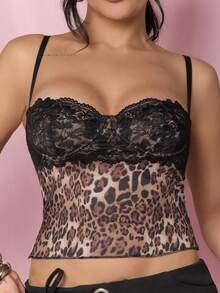 Dania Mndz Shop Women's Brown Leopard Print Mesh Lace Patchwork Camisole Top,All Shades Of Brown,Summer,Seksi ,Club Night,Valentine Outfits For Women,Parties Casual - Brown - View 3