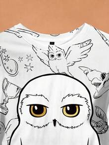 HARRY POTTER X SHEIN 女款圓領全印花休閒百搭日常短袖T恤 - 白色 - 查看 3