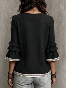 Glimmora Blus Wanita Musim Panas dan Gugur Terbaru, Gaya French Casual Boho, Longgar, Berkerut, Lengan 3/4 Mengembang, Cocok untuk Kencan Sehari-hari, Garis-garis Hitam Putih - Hitam - View 2