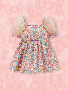 HELLO KITTY AND FRIENDS | SHEIN 女嬰網紗泡泡袖全印花連衣裙 - 彩色 - 查看 1