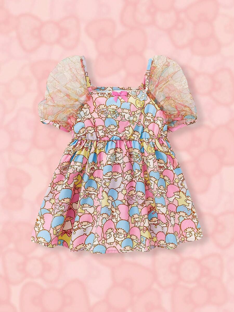 HELLO KITTY AND FRIENDS | SHEIN 女嬰網紗泡泡袖全印花連衣裙 - 彩色 - 查看 1