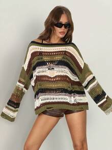 SHEIN ICON Women's Olive Green Dropped Shoulder Long Sleeve Distressed Knit Sweater Everyday Going Out Holiday Autumn Grunge Streetwear - Multicolor - View 4