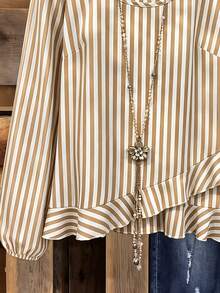 SHEIN LUNE CURVE Plus Size Women's Design Striped Ruffle Trim Patchwork Long Sleeve Blouse, Casual Autumn/Winter For Going Out And Office Commute Fall - Multicolor - View 3