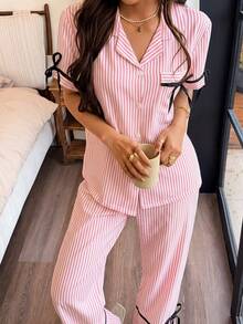 Dream Adore 復古條紋前綁帶家居服套裝，經典翻領短袖上衣與長褲套裝 - 彩色 - 查看 7