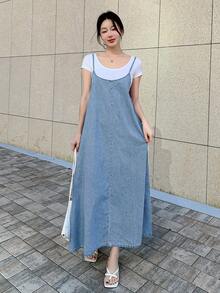 DAZY Women's Denim Casual Slip Dress, Simple & Fashionable For Daily Wear Sundress Maxi Dress - Medium Wash - View 1