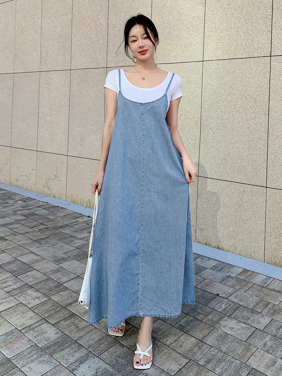 DAZY Women's Denim Casual Slip Dress, Simple & Fashionable For Daily Wear Sundress Maxi Dress - Medium Wash - View 1