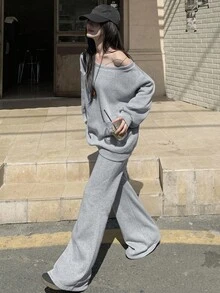 Dazy Tall Women's Asymmetric Shoulder Loose Long Sleeve Pullover Sweatshirt And Loose Pants Casual 2 Pieces Set Fall - Grey - View 9