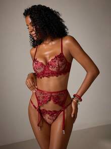 DreamPoppy 1 Set 3pcs Wine Red Lace Lingerie, Comfortable Bra With Underwire, Garter Belt And Panties, Date Night - Red - View 9