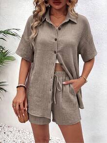 EMERY ROSE Women's Solid Color Single-Breasted Collar Shirt And Shorts 2 Pieces Set - Khaki - View 5