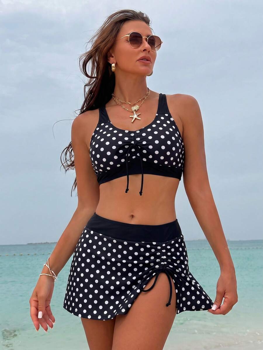 Swim Lushoire 女款夏季海灘波點性感比基尼三角內褲兩件式泳衣套裝附迷你裙 - 黑與白 - 查看 1