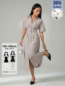 SHEIN PETITE Women's Fashionable Beige Long-Sleeve Collared Commuter Dress Teachers' Day Office Summer French Elegant - Apricot - View 6