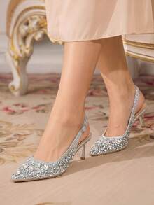 CUCCOO TILAWA Women's Fashion Electroplated And Glass Rhinestone Pointed Silver Women's High-Heeled Shoes, Suitable For Going Out, Banquets, Parties - Silver - View 8