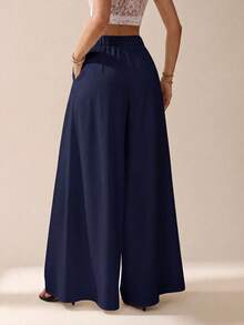 SHEIN Tall 女款純色高腰休閒百搭日常穿著寬腿長褲 - 藏蓝色 - 查看 2