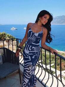 Tropical Leopard Print Backless Dress For Vacation Vacation Beach Pink Zebra Print Summer - Navy Blue - View 2