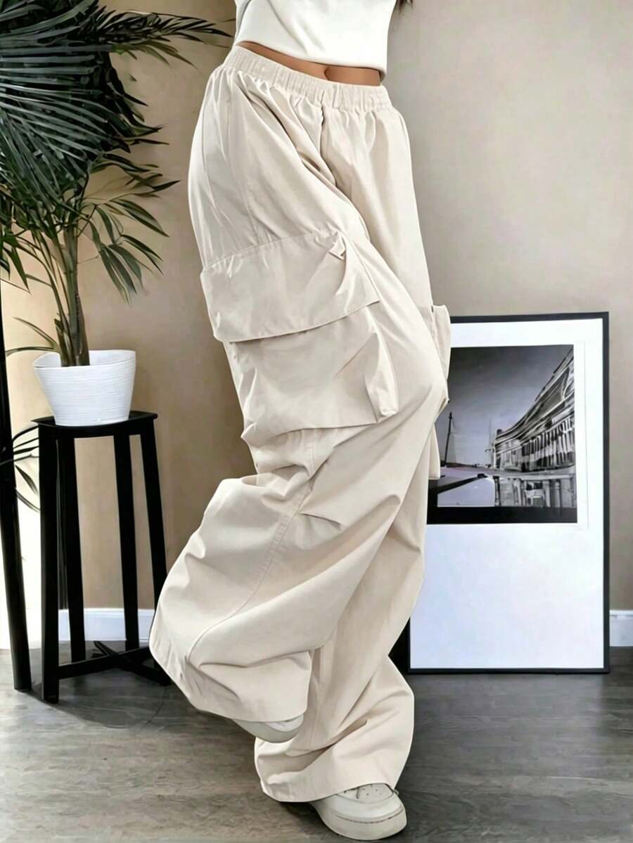 SHEIN 1件女童大童寬腿休閒工裝褲,附口袋,適合戶外與室內穿著,春夏秋冬四季適用 - 杏色 - 查看 1