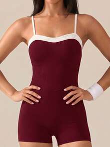 SHEIN BAE Pakaian Olahraga Wanita Serbaguna, Model Romper dengan Tali Bahu Tipis dan Blok Warna - Burgundy - View 3