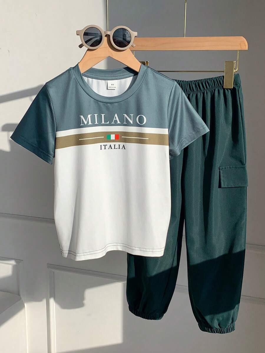 SHEIN Kids Boys New Casual Minimalist Style Letter Print Round Neck Short Sleeve & Long Pants 2-Piece Set, Suitable For Summer, Spring, Autumn, Winter, Blue - Multicolor - View 1