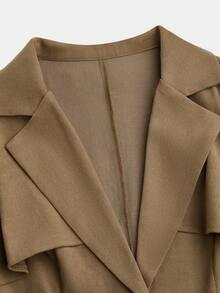 Sweetra Napoleon Plus Size Elegant Commuter Solid Color Ruffle Trim Jacket Fall - Khaki - View 6